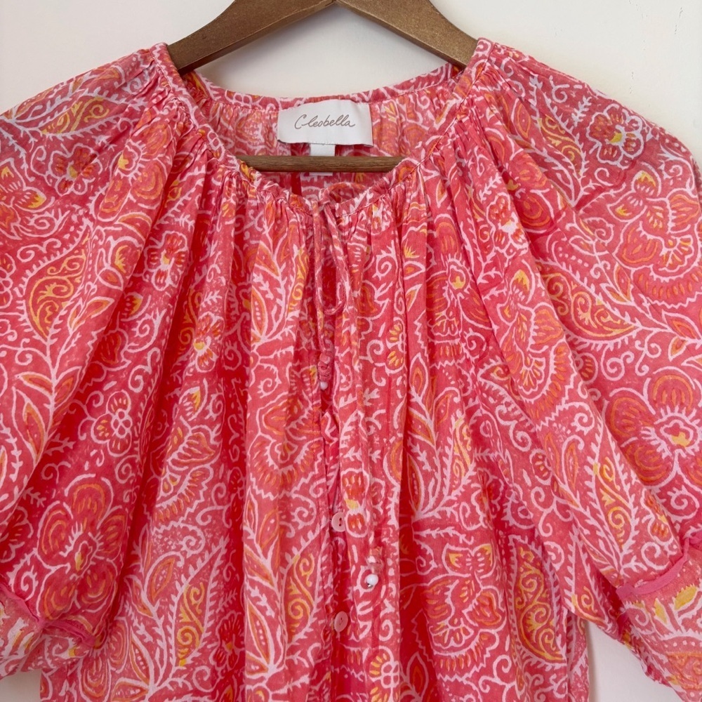 Cleobella Coral Blossom Block Print Blouse Medium Summer Boho - Picture 3 of 9